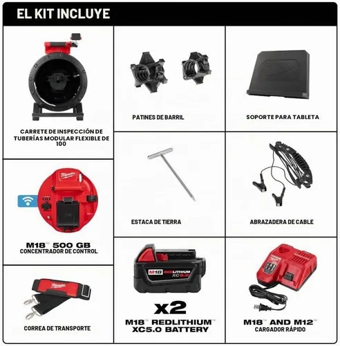 Vista 2 de Milwaukee Kit de sistema de inspección de tuberías modulares flexibles M18 de 100 pies