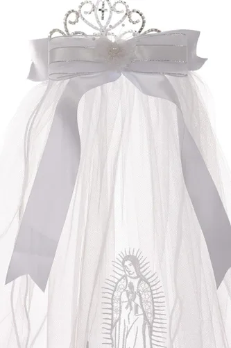 Vista 4 de Virgen María Tiara Bordado Corona Malla Primera Comunión Velo Chica Flor