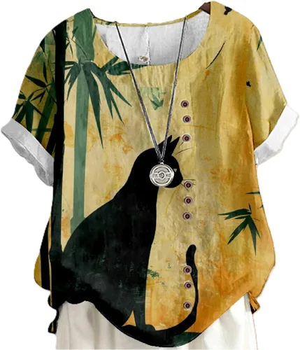 Vista 10 de domirica Flower Bird Printed Loose Boho Shirts Women Plus Size Summer Crew Neck Short Sleeve Blouses Colorido