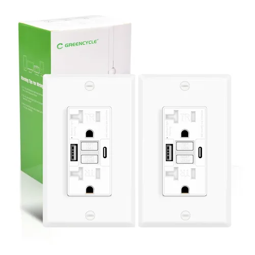 Vista 54 de Greencycle Toma GFCI de 15 amperios con puertos USB C y USB A, 1 unidad de toma eléctrica GFCI de prueba automática con USB, con indicador LED