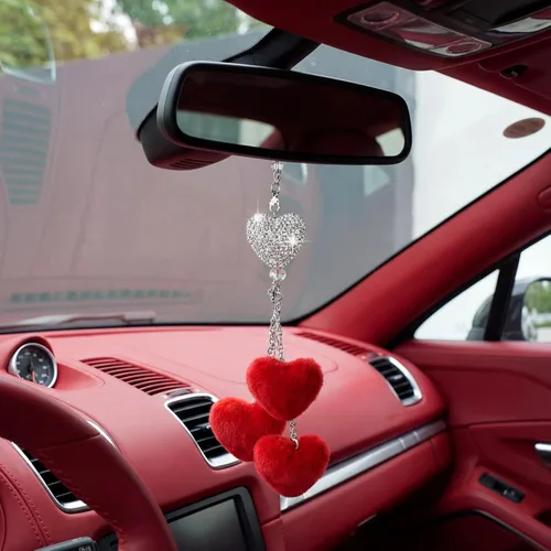 Vista 8 de Frienda Espejo retrovisor rojo para mujer, accesorios brillantes con forma de corazón con diamantes de imitación para colgar en el espejo trasero