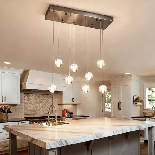 Vista 16 de Lámparas colgantes de oro cepillado de 4 luces para isla de cocina moderna, lámparas colgantes de globo de cristal para comedor sobre mesa, lámparas