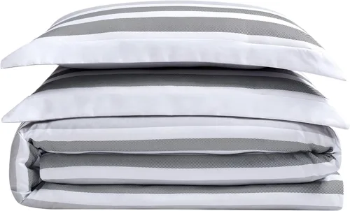 Vista 2 de TRULY SOFT Curtis Stripe - Juego de edredón de 2 piezas de poliéster blanco y gris, tamaño individual XL, con temática de rayas, para hombres
