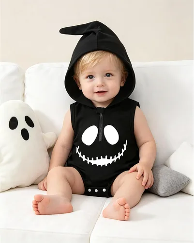 Vista 2 de Mameluco con capucha para bebé niño y niña, disfraz de calabaza Negro-a