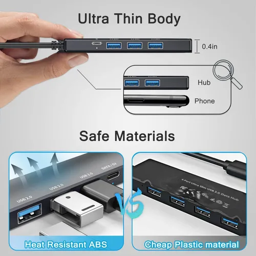 Vista 5 de Concentrador USB 3.0 alimentado de 5 puertos, extensor USB con puerto de alimentación/datos USB-C de 5V, extensor para un puerto portátil, PC