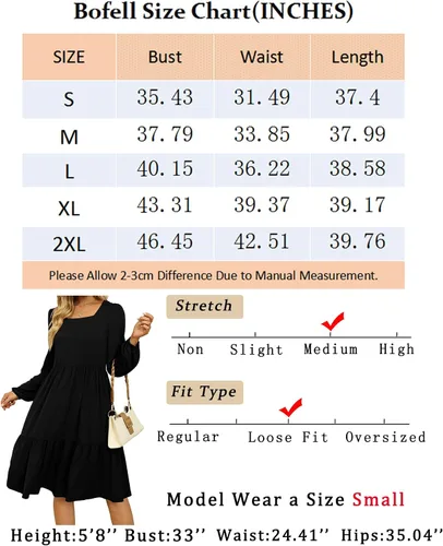 Vista 3 de Vestido de manga larga con cuello cuadrado para mujer, casual, manga abombada, ropa de otoño plisada