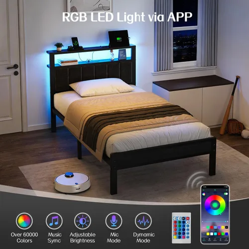 Vista 5 de OLEVS Base de cama individual con luces LED y salidas USB, cama individual de plataforma con cabecera de almacenamiento, no necesita somier, fácil