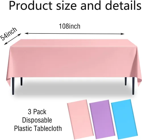 Vista 2 de Paquete de 3 manteles de plástico desechables de 54 x 108 pulgadas, color morado claro, azul claro, rosa claro, para mesas de 6 a 8 pies, fiestas