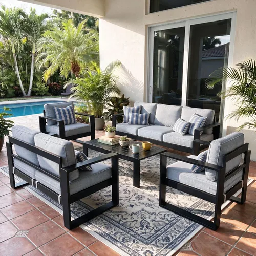 Vista 22 de LayinSun - Juego de muebles de patio de aluminio para exteriores de 4 piezas, sofá de conversación moderno de metal con mesa de café y cojines Negro