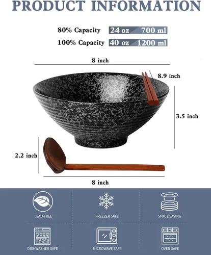 Vista 2 de Kanwone Juego de cuencos de cerámica japoneses para ramen, cuencos de sopa de fideos, 37 onzas, con cucharas y palillos a juego para fideos Negro