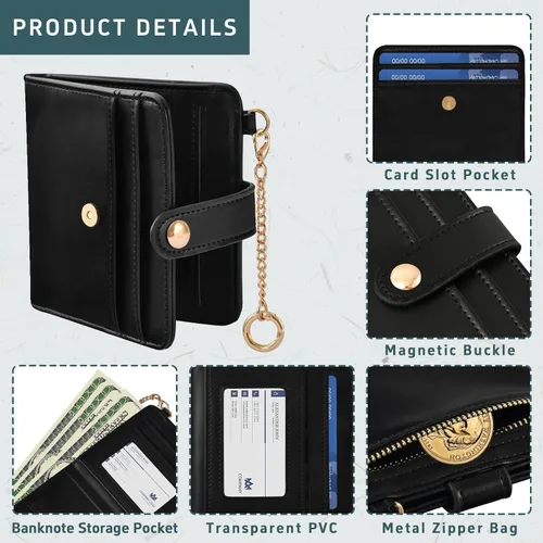 Vista 5 de Sinestour Black print Small Wallet for Women RFID Blocking Leather Bifold Small Purse with ID Window Card Holder Zipper Coin Pocket, Compact Credit
