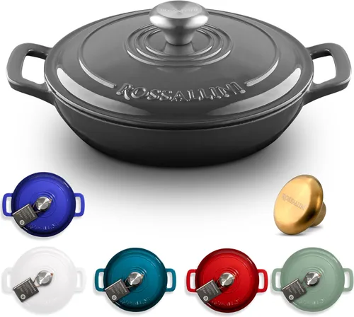 Vista 11 de ROSSALLINI Brasera de Hierro Fundido Esmaltada Signature, Olla de Servir Antiadherente con Tapa de Cierre Hermético para Asado Perfecto, Horneado