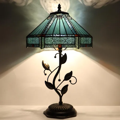 Vista 8 de Tiffany Table Lamp, Pink Stained Glass Desk Light, W12H19 Inch, Metal Leaf Base (Pink Baroque Style)