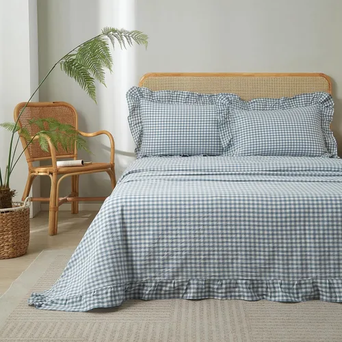 Vista 8 de LifeTB Gingham Ruffle Twin Sheets Set Soft Microfiber Blue Plaid Bed Sheets Volante - Azul Gingham