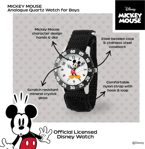 Vista 2 de Disney Mickey Mouse Reloj para niños con bisel de acero inoxidable, profesor de tiempo analógico, correa de nylon