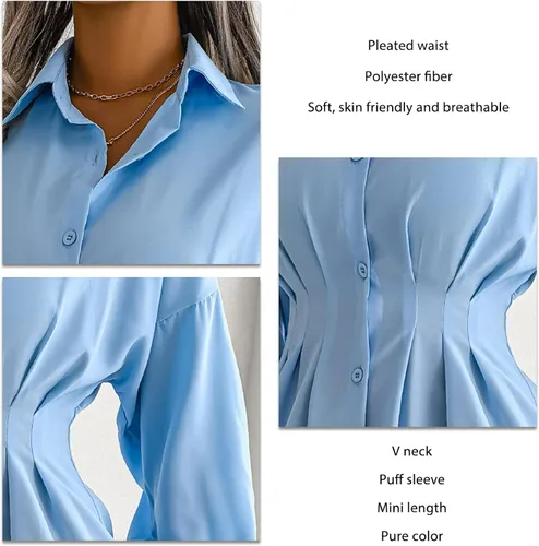 Vista 4 de TOPINCN Minivestido tipo camisa con cuello en V para mujer, estilo casual, manga larga, botones, fruncido, longitud hasta la rodilla, vestido