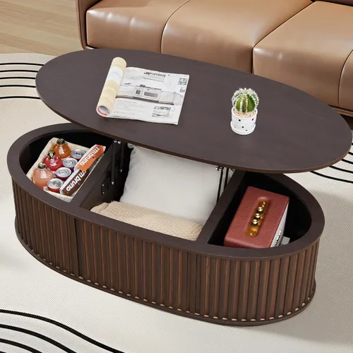 Vista 6 de Mesa auxiliar ovalada de 43.3 pulgadas con almacenamiento, mesa de centro acanalada con parte superior elevable, mesa central moderna de mediados