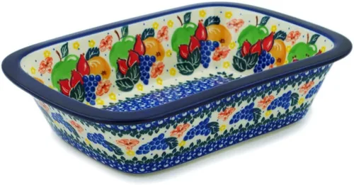 Vista 11 de Auténtica cerámica polaca rectangular Baker Signature UNIKAT en camachuelo en serbal diseño hecho a mano en Bolesławiec Polonia por Ceramika