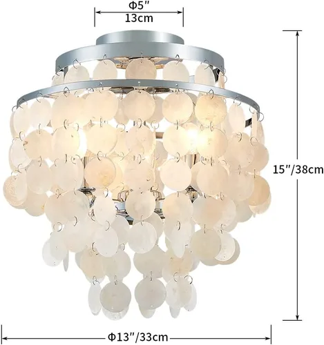 Vista 3 de AGV LIGHTING CL008S Capiz Seashell Lámpara de Techo, Montaje al Ras, D13 x H15, 3 Luces, Marco con Acabado Cromado; Perfecto para Sala de Estar