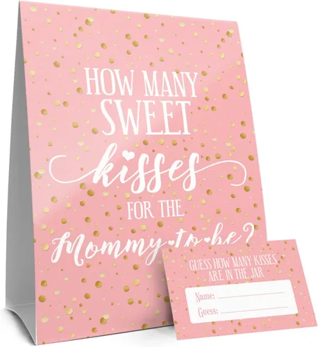 Vista 6 de DISTINCTIVS Juego de Baby Shower Cuántos Besos - Rosa y Oro (cartas adicionales)