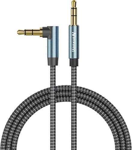 Vista 8 de Cable AUX de 1 pie/0,3 m, cable de audio estéreo de 3,5 mm, cable auxiliar estéreo macho a macho de 90 grados, cable TRS de ángulo recto compatible