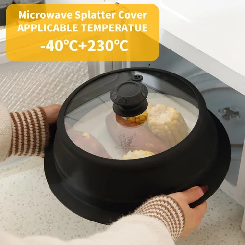 Vista 2 de Tapa plegable para salpicaduras de microondas con cubierta de vidrio templado ventilado, tapa wok apta para microondas, olla de vapor y olla redonda