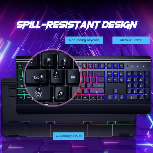 Vista 6 de RisoPhy Teclado para juegos, panel de metal de 104 teclas, teclado silencioso retroiluminado LED arco iris, reposamuñecas, teclas multimedia