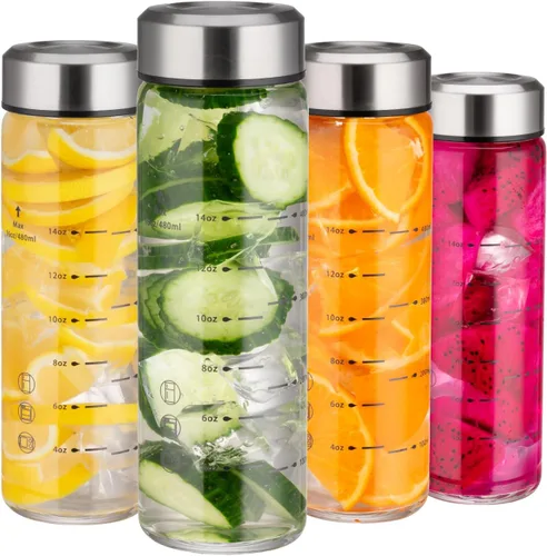 Vista 10 de Botellas de jugo de vidrio de 12 onzas - 2 paquetes de botellas de agua de boca ancha con tapas para jugos, botellas de jugo reutilizables