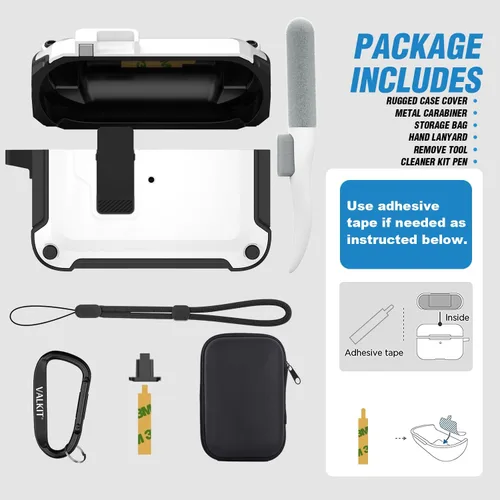 Vista 6 de Valkit Funda Compatible con Airpods Pro de 2ª/1ª Generación con Kit de Limpieza, Funda Militar para AirPod Pro 2 con Candado y Cordón, Funda Blanco