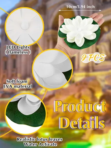 Vista 2 de Hortsun 9 luces flotantes de loto con pilas, almohadillas de lirio, flores de piscina, velas flotantes, decoración de plantas de estanque