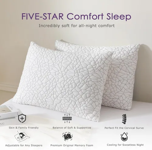 Vista 2 de Juego de 2 almohadas refrescantes de espuma viscoelástica triturada, tamaño Queen, funda extraíble de rayón de bambú + espuma de gel extra, 100%