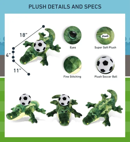 Vista 3 de DolliBu Gator - Animal de peluche con pelota de fútbol, cocodrilo suave y abrazable, adorable juguete de peluche de cocodrilo para jugar, lindo