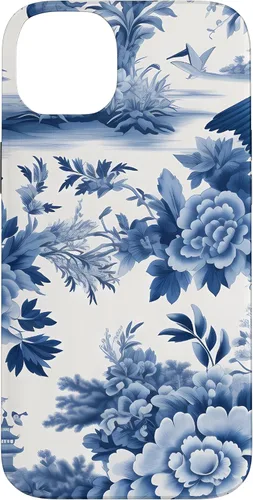 Vista 15 de iPhone 16 White and blue Chinoiserie Botanical Floral Bird Classic Case