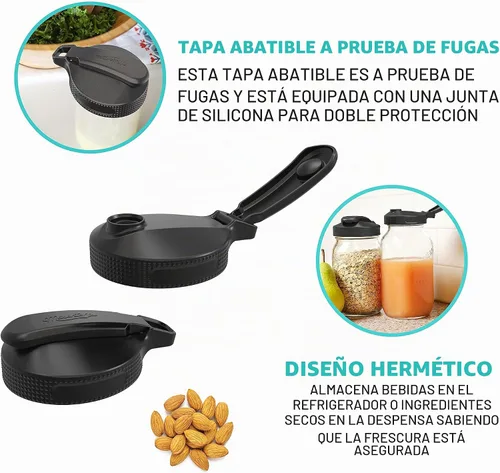 Vista 3 de Masontops Tapas Multi Top con Tapa Abatible para Frascos Mason - Boca Regular y Pequeña - Beber, Verter, Almacenar y Más - A Prueba de Fugas Paquete