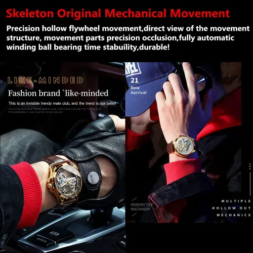 Vista 4 de OLEVS Relojes automáticos de cuero para hombres jóvenes, relojes de moda para hombres