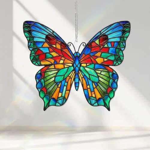 Vista 2 de Adorno de Navidad acrílico de mariposa con efecto vitral, atrapasoles colgante de ventana para familiares y amigos, decoraciones de Navidad, regalo