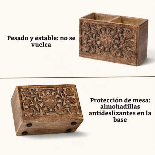 Vista 6 de Mie Creations Soporte rústico para lápices con 2 ranuras para organizador de escritorio, soporte de madera tallada a mano para mesa de escritorio
