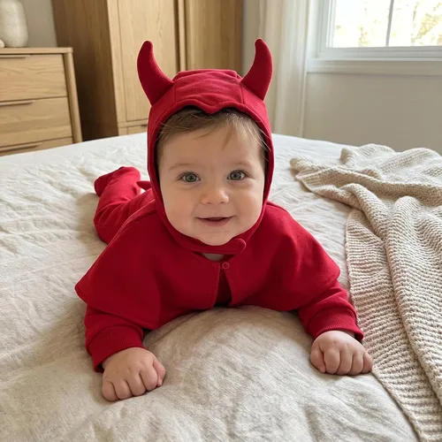 Vista 2 de Disfraz de animal de Halloween para bebé, mameluco con pies y cremallera con sombrero separado Red Devil