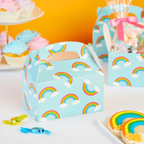 Vista 2 de Blue Panda Paquete de 24 cajas de recuerdos de fiesta a dos aguas de arco iris, caja a dos aguas fácil de desplegar con asa incorporada, bolsas