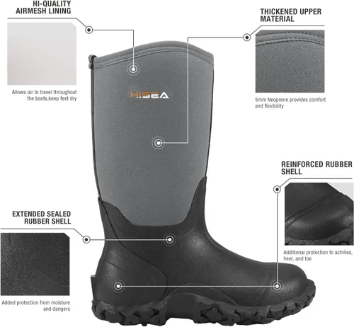 Vista 2 de HISEA Botas de lluvia para hombre, botas de goma de neopreno, botas de barro aisladas, botas de jardín de altura media