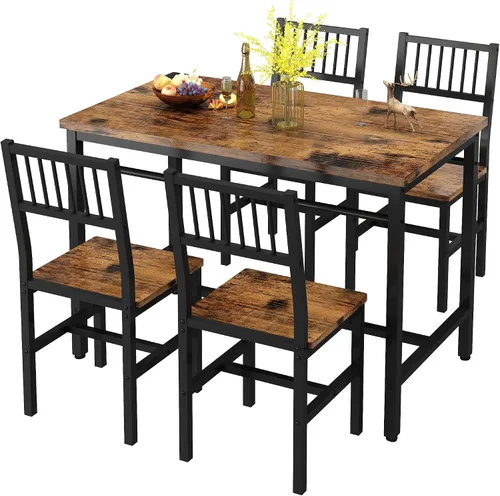 Vista 5 de AWQM - Juego de mesa de comedor de 47.2 pulgadas para 4, mesa industrial con 4 sillas curvas, juego de mesa de cocina rectangular de 5 piezas