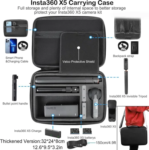 Vista 3 de PellKing Kit de accesorios para Insta360 X5, incluye funda de transporte con cinturón, trípode para selfie stick de 53.1 in, abrazadera de manillar