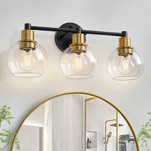 Vista 16 de 2 lámparas de baño, luces de tocador negras, luces de tocador de baño de granja, 2 luces, globo negro mate, accesorio de iluminación sobre espejo