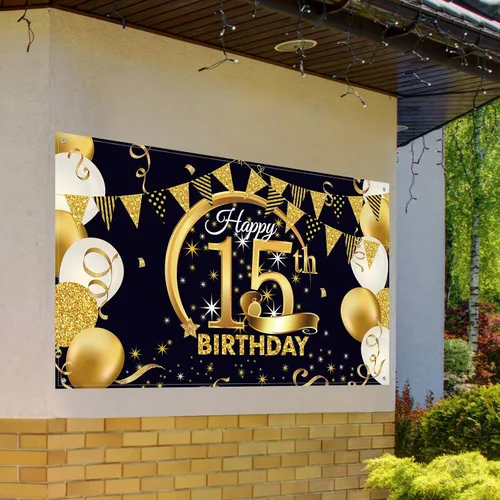 Vista 6 de Decoración de fiesta de cumpleaños número 15, cartel póster de tela extra grande negro y dorado para telón de fondo de cabina de fotos