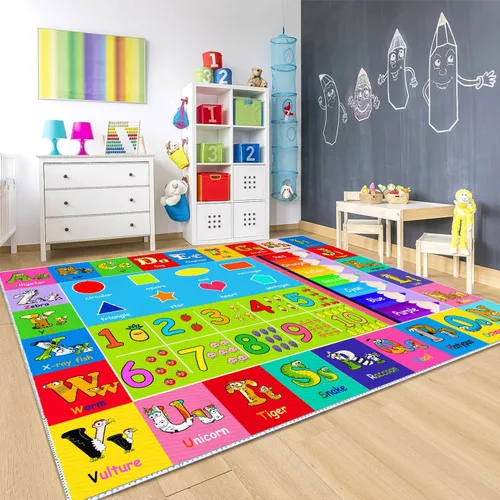 Vista 3 de Alfombra de juego del alfabeto para niños, 4 x 6 pies, con números ABC y formas, educativa, aprendizaje infantil, sala de juegos, aula, jardín