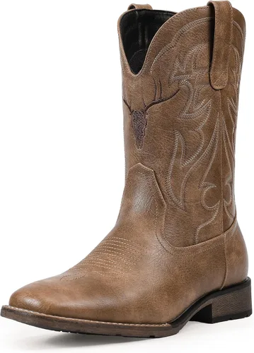 Vista 10 de Cowboy Boots for Men Square Toe Western Boots Retro Classic Embroidered Pull On Boot Café