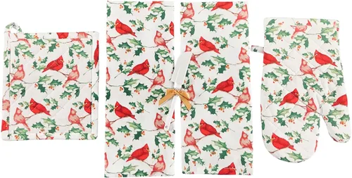 Vista 11 de Paños de Cocina y Agarraderas Navideños - Juego Alegre de Navidad de 4 Piezas 100% Algodón Verde Rojo Blanco - Dos (2) Paños de Cocina, Un (1)