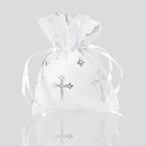 Vista 3 de Needzo Bolsa de rosario de primera comunión, bolsa de regalo de organza con cruz católica para niñas y recuerdos de fiesta, 3 x 4 pulgadas
