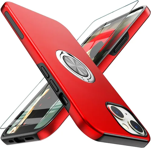 Vista 9 de Funda compatible con iPhone 15 con protector de pantalla de vidrio templado, resistente funda protectora delgada 2 en 1 con soporte de anillo Negro