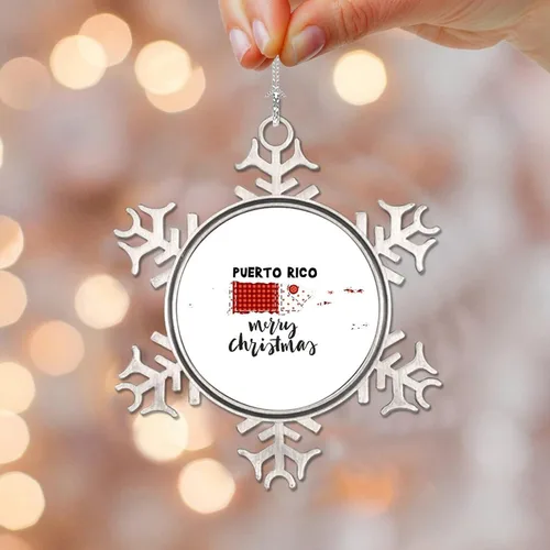 Vista 10 de Adorno de metal con texto en inglés «Merry Christmas» de Puerto Rico, recuerdo de recuerdo para árbol de Navidad, colgante de copo de nieve